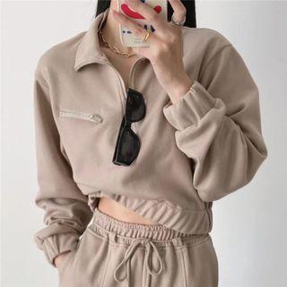 Long Sleeve Collar Zip-detail Crop Sweatshirt