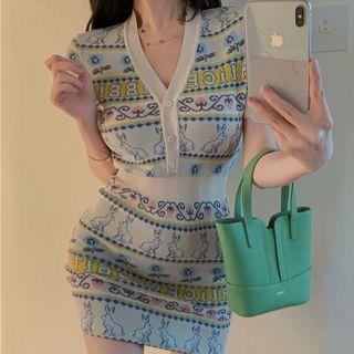 Short-sleeve Rabbit Print Knit Mini Sheath Dress
