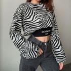 Set: Long-sleeve Zebra Print Crop Top + Lettering Print Camisole Top