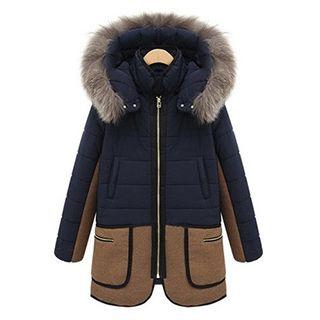 Faux Fur Trim Hooded Padded Panel Coat