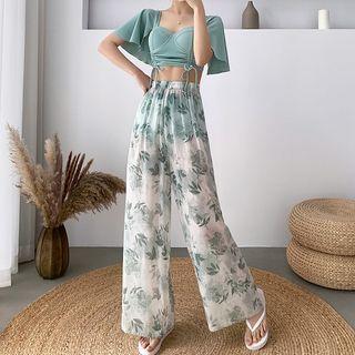 Set: Short-sleeve Swim Top + Bottom + Cover-up Pants