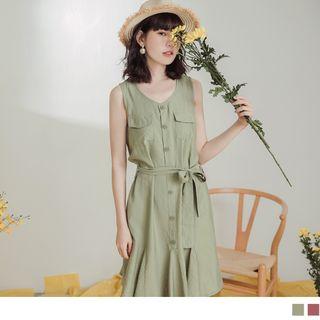 Tie-waist Buttoned Sleeveless Ruffle Dress
