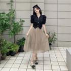 Short-sleeve V-neck Cropped Blouse / Midi A-line Skirt