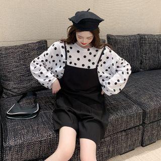 Round-neck Long Sleeve Dotted Oversize T-shirt / Plain Spaghetti Strap Romper