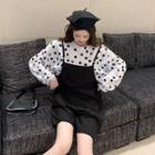 Round-neck Long Sleeve Dotted Oversize T-shirt / Plain Spaghetti Strap Romper