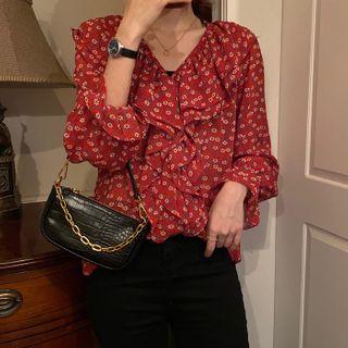 Floral Print Ruffle Long-sleeve Blouse Red - One Size