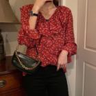 Floral Print Ruffle Long-sleeve Blouse Red - One Size