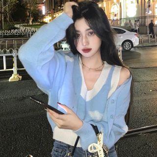 Set: Cropped Cardigan + Tank Top Set Of 2 - Cardigan & Tank Top - Blue - One Size