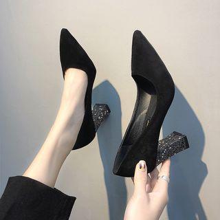 Faux Suede Rhinestone Accent Chunky Heel Pumps