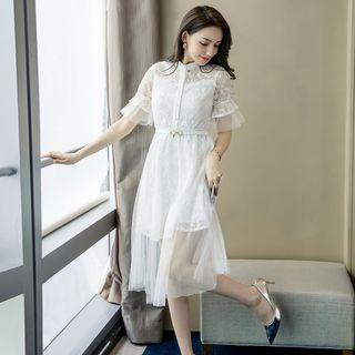 Belted Elbow-sleeve A-line Lace Dress