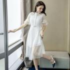 Belted Elbow-sleeve A-line Lace Dress