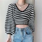 V-neck Lantern-sleeve Cropped Knit Top As Shown In Figure - One Size