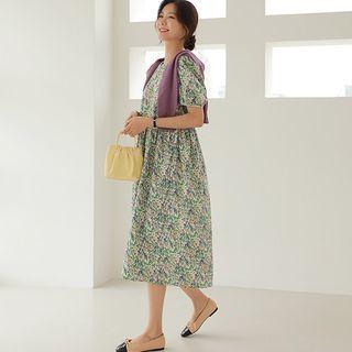 Square-neck Button-back Floral Midi Dress