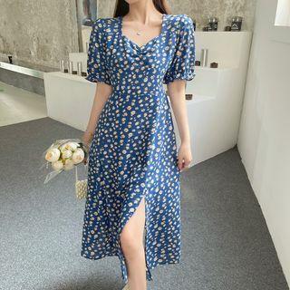Short-sleeve Floral Print Slit Midi Dress