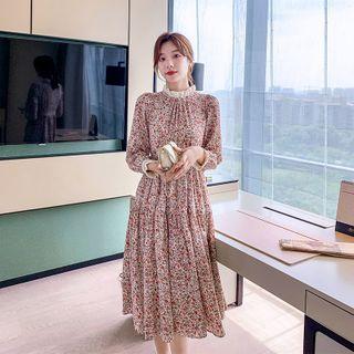 Long-sleeve Floral Mock-neck Midi A-line Chiffon Dress