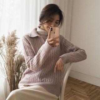 Collared Open-placket Cable-knit Top