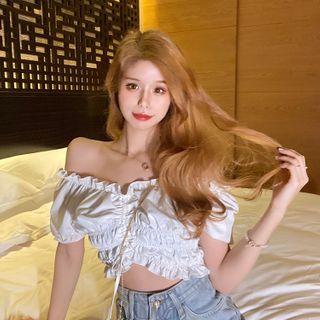 Ruched Off-shoulder Puff-sleeve Cropped Blouse