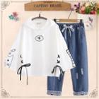 Cat Print Hooded Long-sleeve T-shirt / Distressed Cropped Straight-fit Jeans / Set