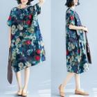 Printed Short-sleeve Midi Shift Dress As Shown In Figure - One Size