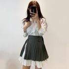 Set: Long-sleeve Mini Shirtdress + Mini Striped Pleated Skirt