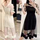 Set: Short-sleeve A-line Dress + Sheer Midi Skirt
