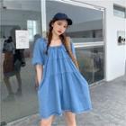 Plain Loose-fit Short-sleeve Denim Dress Blue - One Size