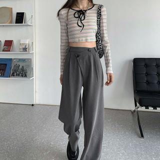 Striped Lace-up Long-sleeve Top / High Waist Wide Leg Pants