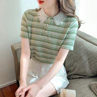 Short-sleeve Lace Collar Striped Top