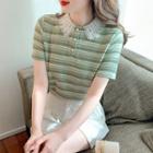 Short-sleeve Lace Collar Striped Top