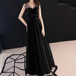 Sleeveless Dotted Mesh Evening Gown