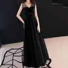 Sleeveless Dotted Mesh Evening Gown