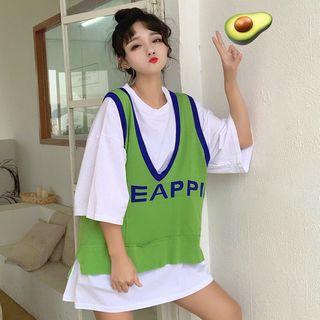 Elbow-sleeve Plain T-shirt / Lettering Knit Vest / Belt