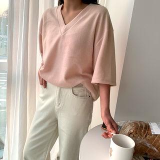 V-neck Elbow-sleeve Napped T-shirt