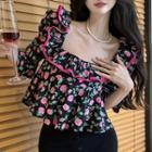 Elbow-sleeve Floral Print Ruffled Blouse Pink Flower - Black - One Size