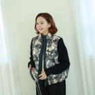 Knit-sleeve Floral Quilted Jacket Black - One Size