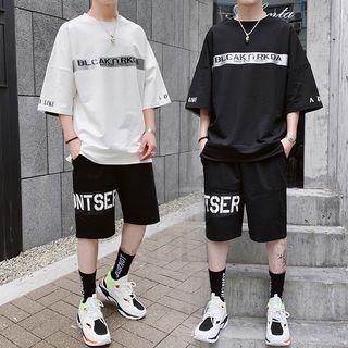 Set: 3/4-sleeve Letter T-shirt + Wide-leg Sweatshorts