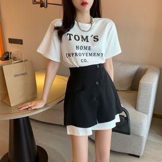 Short-sleeve Lettering T-shirt / Asymmetrical Mini A-line Skirt / Set