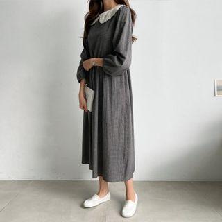Embroidered Collar Check Long Dress