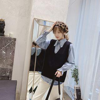 Set: Denim Shirt + V-neck Knit Vest
