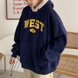 Lettering Print Fleece-trim Drawstring Hoodie