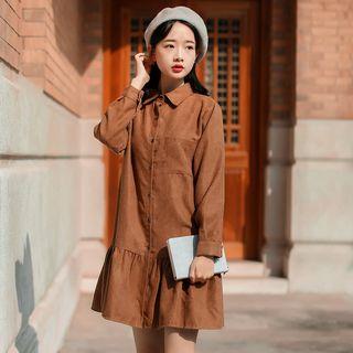 Ruffle Hem Long Sleeve Collared Corduroy Dress