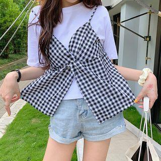 Gingham Panel Short Sleeve Mock Two Piece Top