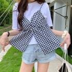Gingham Panel Short Sleeve Mock Two Piece Top
