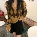 Argyle Cutout Sweater Argyle - Yellow & Coffee - One Size