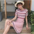 Set: Short Sleeve Striped T-shirt + Stripe Trim A-line Skirt