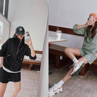 Hooded Drawstring Anorak Pullover & Shorts Set