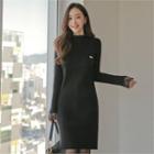 Lace-trim Midi Rib-knit Dress With Brooch