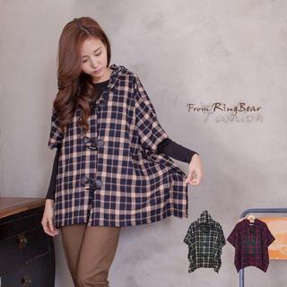 Plaid Horn-button Cape Coat