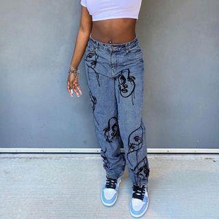 Face Print Straight Jeans