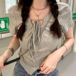 Short-sleeve Tie Neck T-shirt Gray - One Size